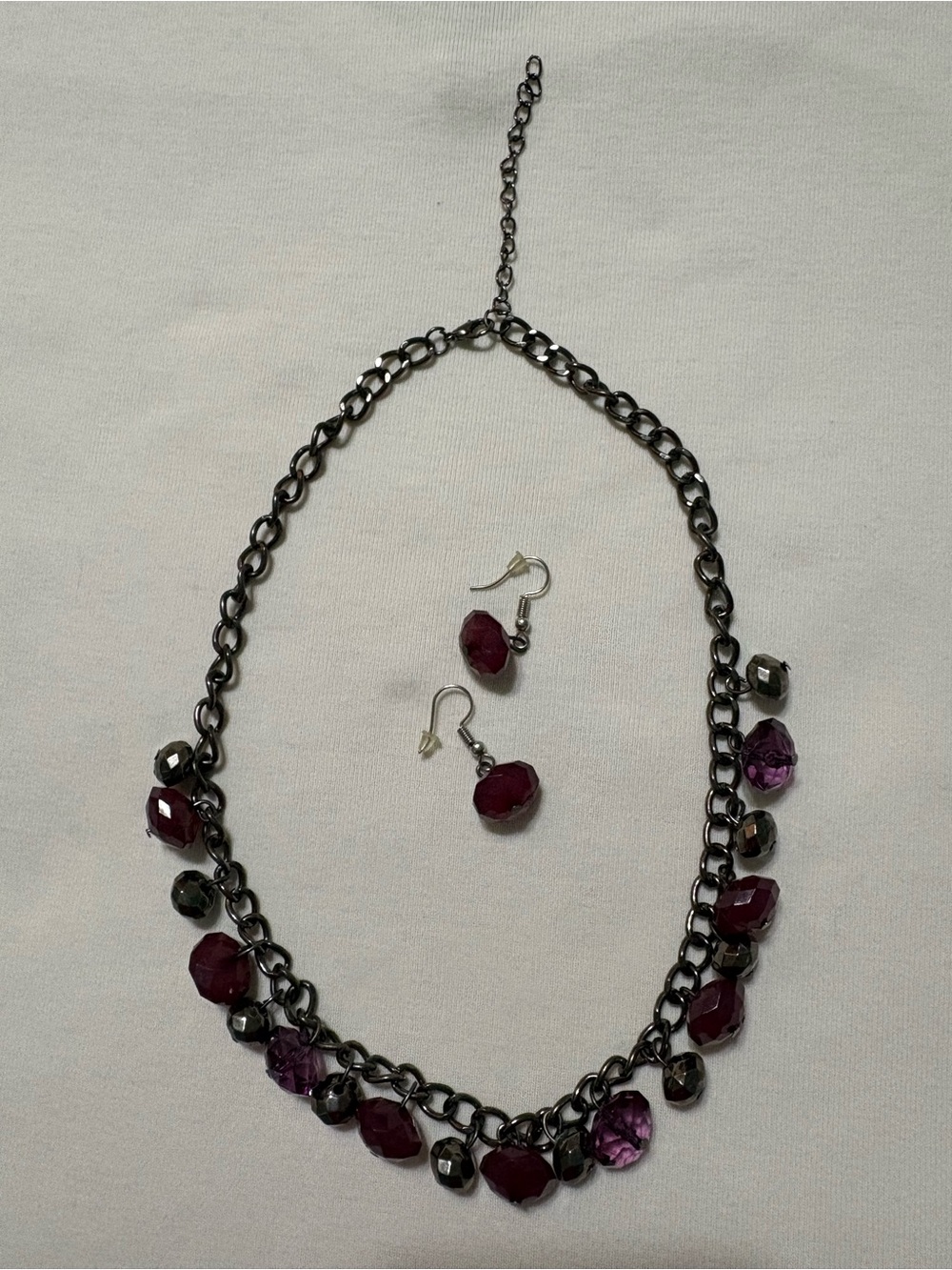 Gunmetal Chain Necklace with Deep Purple Beads and Matching Earrings
